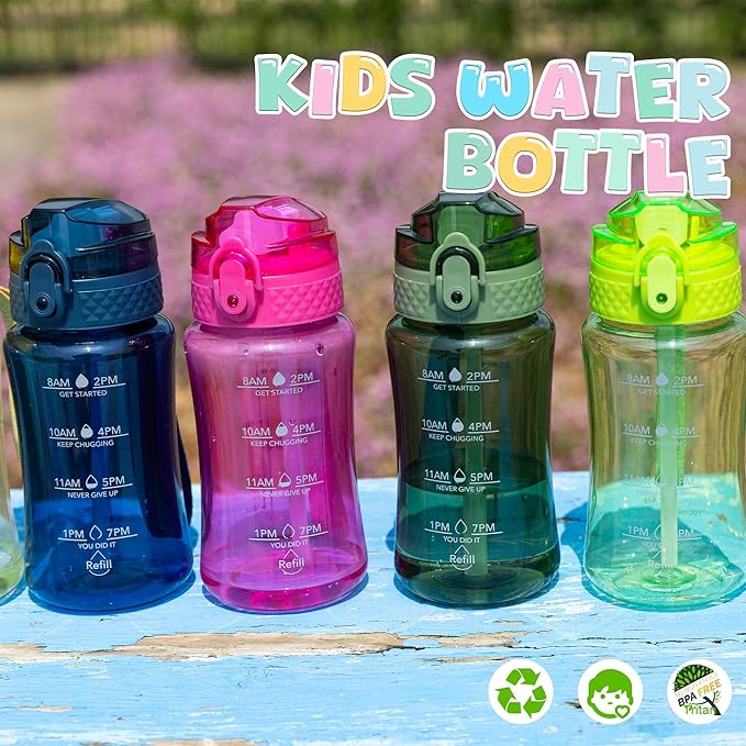 OLDLEY 12oz Kids Motivational Water Bottle with Silicone Straw, Leak-Proof Tritan BPA-Free, Reusable for School Girls & Boys, Eggplant