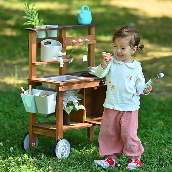 OLLIKIVI Mud Kitchen for Kids Outdoor, Wooden Play Kitchen with Removable Sink, Faucet, Storage Shelves, Backyard Garden Toddler Kitchen Playest, Kitchenware, Stove, Gift for Boys and Girls