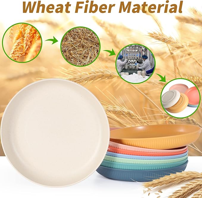 8 PACK 9 Inches Lightweight Wheat Straw Plates,Wheat Straw Fiber Lightweight Unbreakable Dinner Plates, Microwave and Dishwasher Safe, Plates Easy to Clean & Reusable
