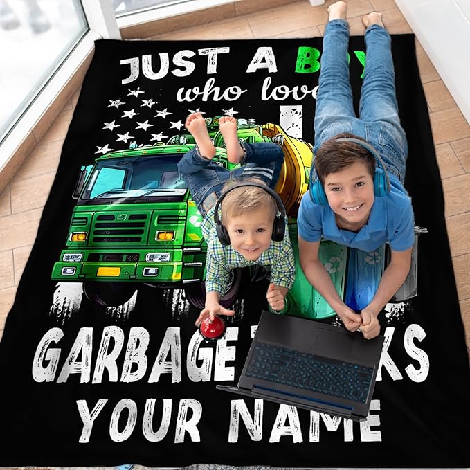 Custom Garbage Truck Blanket for Boys, Cute Throw Blanket Gifts for Kids Truck Lovers, Personalized 60x80 Inches Black Soft Fuzzy Blankets for Sofa Couch Bed Travel
