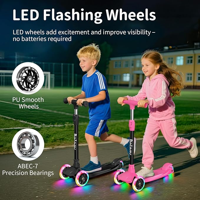 BELEEV Scooters for Kids 3 Wheel Kick Scooter for Toddlers Girls Boys, 4 Adjustable Height, Lean to Steer, Light up Wheels, Extra-Wide Deck, Easy to Assemble for Children Ages 3-12 (Rose Pink)