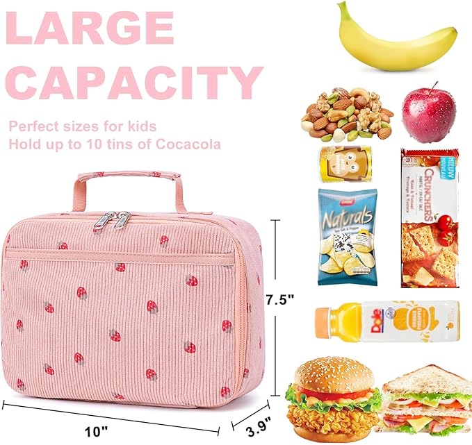 Bluboon Kids Girls Corduroy Pink Strawberry Lunch Box for School