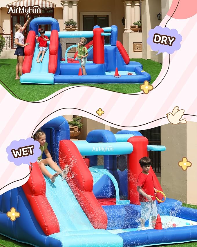 AirMyFun Bounce House,Bouncy Castle with Ball Pit,Inflatable Kids Double Slide with Air Blower, Castle Bouncer for Children Jumping Outdoor and Indoor Party