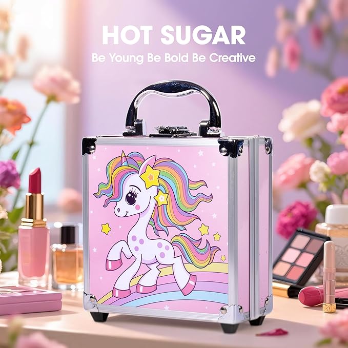 Hot Sugar Girls Makeup Kit Age 4-6 7-8 10-12, Little Girl Makeup Set, Makeup Kit for Teenagers 13-15 Includes Eyeshadow Lip Gloss Blush Highlighter Contour Brush (Pink Unicorn)