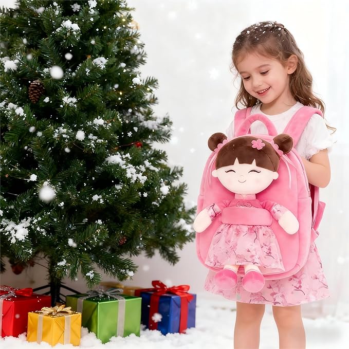 Gloveleya Back to School Gifts for Girls Kids Backpack Toddler Backpack Soft Plush Asian Girl Doll Backpacks Pink 9"