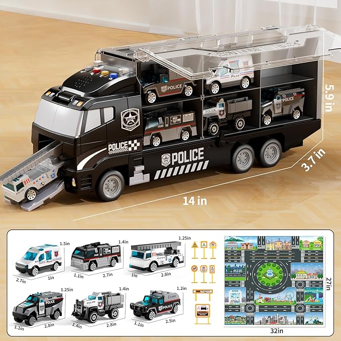 Toddler Boys Toys for 3 4 5 6 Years Old, Police Truck Vehicle Toy Set with Play Mat and Die-Cast Toy Car, Transport Carrier Truck for Kids, Birthday Gifts Toys for 3 4 5 6 7 8+ Year Old Boys