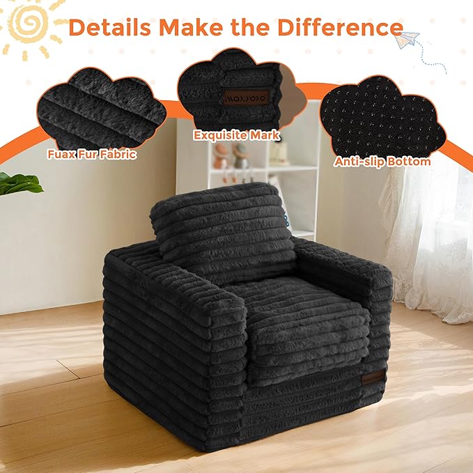 MAXYOYO Kids Bean Bag Chair, Comfy Faux Fur Bean Bag Sofa with Filler, Upholstered Floor Sofa with Pillows and Armrests, Lazy Floor Chair Couch for Boys and Girls, Black