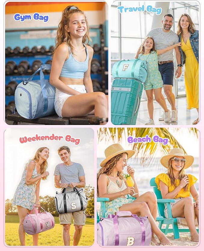 Gifts for Teenage Girl, Girls Travel Duffle Bag, Kids Initial Overnight Bags with Shoe Compartment, Personalized Weekender Bag with Makeup Pouch, Girly Cute Stuff Trip Essentials (Letter J)