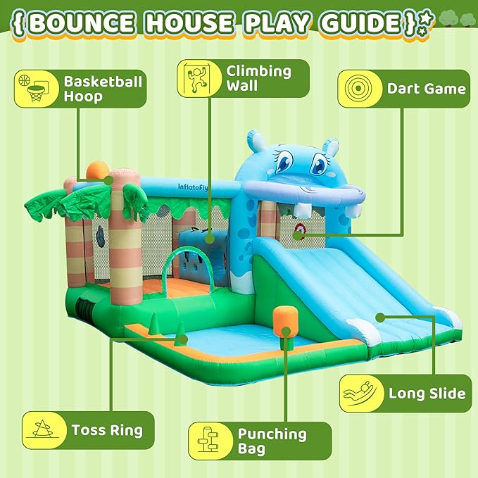Inflatable Bounce House for Kids, Playhouse Castle with Blower Slides Ball Pit Pool Basketball Hoop and Toss Game for Kids Wet and Dry