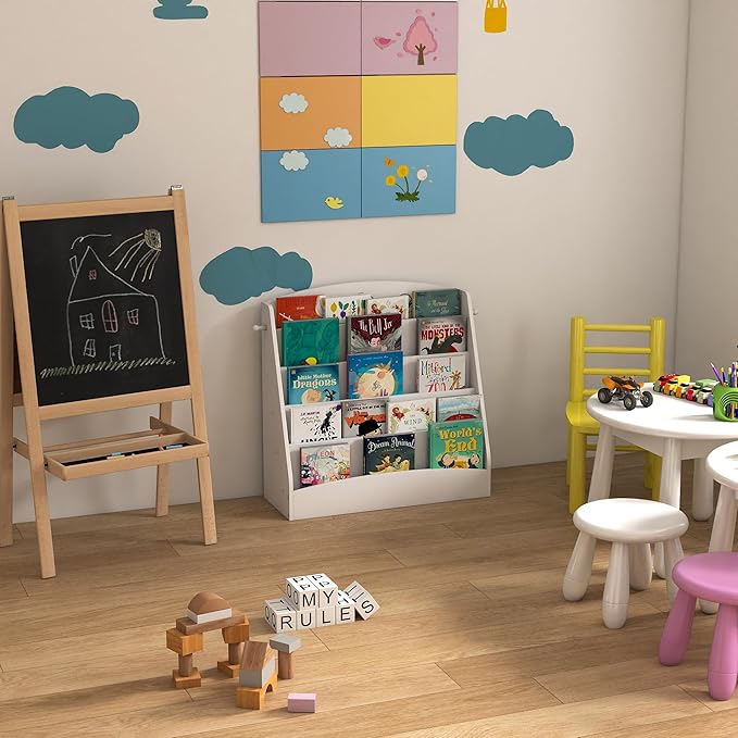 5-Tier Kids Bookshelf Montessori Toddler Book Rack Baby Bookcase Floor Front Facing Magazine Display Shelf for Bedroom Playroom Nursery Classroom Kindergarten Wood (White)