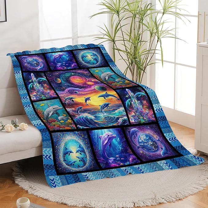 Dolphin Blanket, Ocean Dolphin Throw Blanket, Blue Sea Gifts Blankets Stuff Fleece Flannel Plush for Women Men Boys Girls Lovers Adults Soft Bedding Gift for Sofa Bed Office Home Decor 80"x60"