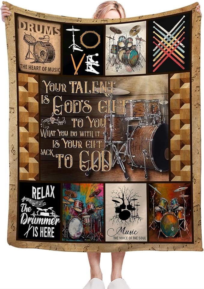 Rock Music Blanket Ultra Soft Cozy Drum Set Kit Throw Blanket Fleece Fuzzy Plush Bedding Vintage Musical Instrument Lovers Gifts for Women Girls Kids Adults 80"x60"