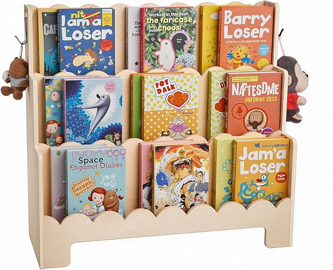 VEVOR 3-Tier Montessori Bookshelf, Scalloped Kids Bookcase, Wooden Book Shelf with 2 Dual Hooks, Daycare Furniture Display Bookshelf for Bedroom, Living Room, Entryway, Nursury, Preschool