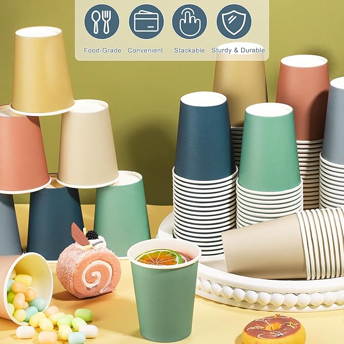 144 Pieces Boho Rainbow Paper Cups 9 Oz Disposable Coffee Paper Cups Multicolor Boho Party Cup Beverage Drinking Cup for Wedding, Birthday, Holiday Party, DIY, and Picnic