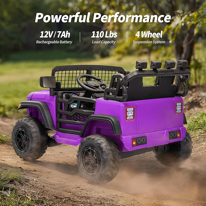 2 Seater Ride on Car Toy, 12V Electric Car for Kids 4-8 with Remote Control, Capacity 110 lb, LED Light - Purple
