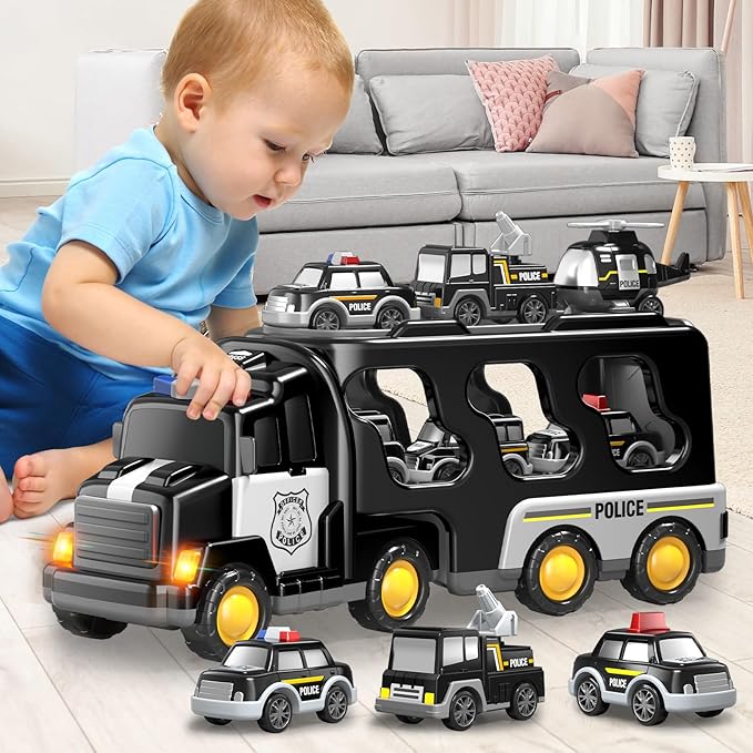 7 in 1 Police Trucks Cars Toys for Toddlers 3-5, Boy Toddler Car Truck Toys with Light Sound, Birthday Gifts Toys for 3 4 5 6 Year Old Boy, Transport Carrier Truck for Toddlers 3-5 Years