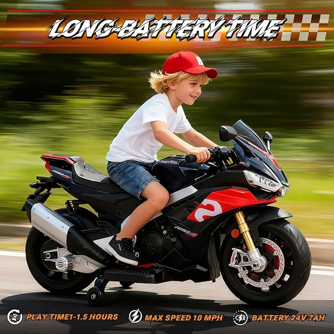 24V Kids Motorcycle, Aprilia Licensed Electric Motorcycle for Kids with Long Battery Life, Thread Wheels, Training Wheels, Large Seat-Black