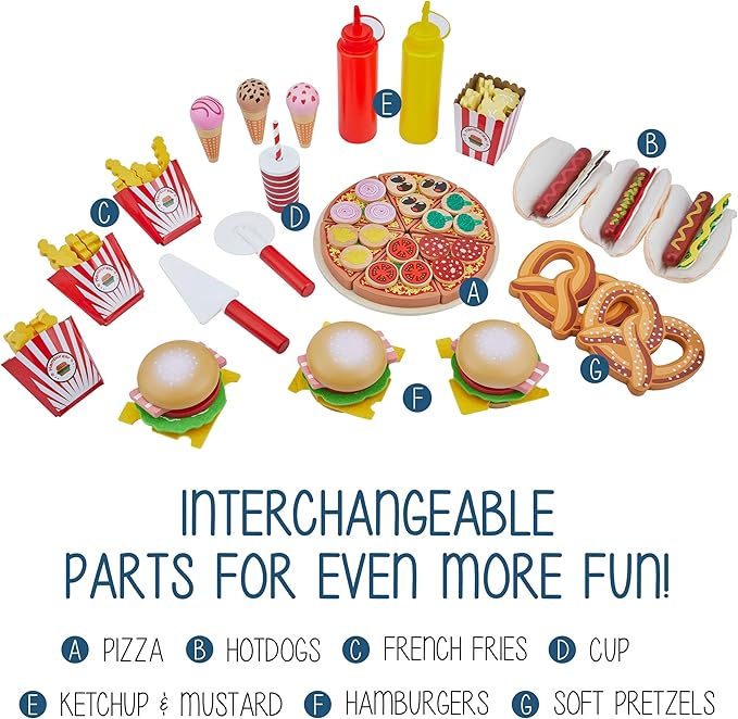 Lil’ Jumbl Wooden Snack Shop Playset | Kids Play Pretend Hot Dog Stand Push Cart w/ 125+ Burger, Fries, Pizza & Ice Cream Toy Accessories, Food Displays, Awning, Freezer, Storage Drawers & Menus