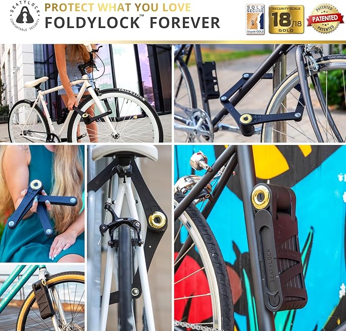 FoldyLock Forever Folding Bike Lock - Patented Sleek High Security Sold Secure Gold Bicycle Lock - Heavy Duty Anti Theft Smart Guard with Keys - 90cm