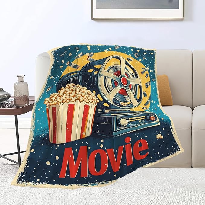 Movie Blanket Film Theater Cinema Popcorn Throw Blankets Gifts for Girls Boys Kids Movie Lover Soft Cozy Fleece Plush for Couch Sofa Bed 60"x50"