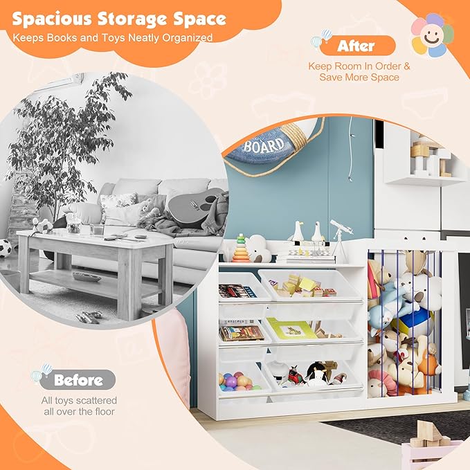 NACHES Kids Toy Organizer and 4-Tier Montessori Bookshelf with 6 Bins, 3-in-1 Toy Shelves and Stuffed Animal Storage for Playroom, Nursery, Baby Room (White)