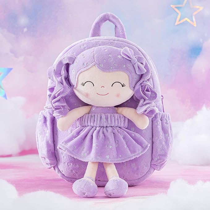 Gloveleya 11 Inches Toddler Backpack Baby Girl Gift Plush Bag Featuring Curly-Haired Doll Design with Silver Heart Accents in Soft Purple