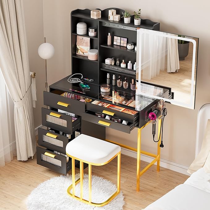 HENBC Vanity Desk with Sliding Mirror and Glass Desktop, LED Vanitys Mirror with RGB Lights Desk and Chair, Dressers Table Set with Charging Station/Makeup Organizer/6 Drawers for Bedroom(Black)