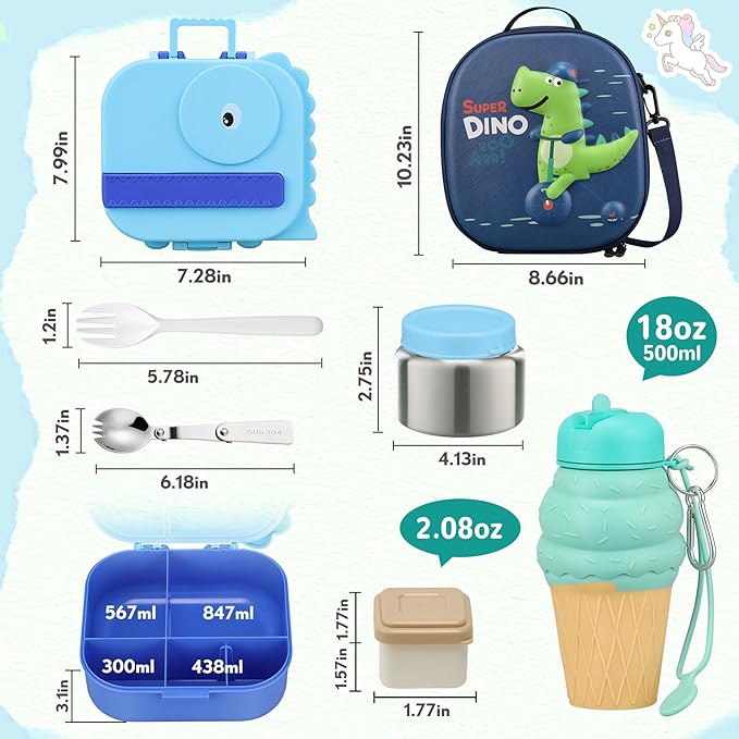 Dinosaur Lunch Box for Kids with Secret Compartment | 4 Compartments Bento Box + 12oz Insulated Food Jar | Leak-Proof Sauce Cup & Collapsible Spoon | BPA-Free, Dishwasher Safe(Blue+Blue Jar)