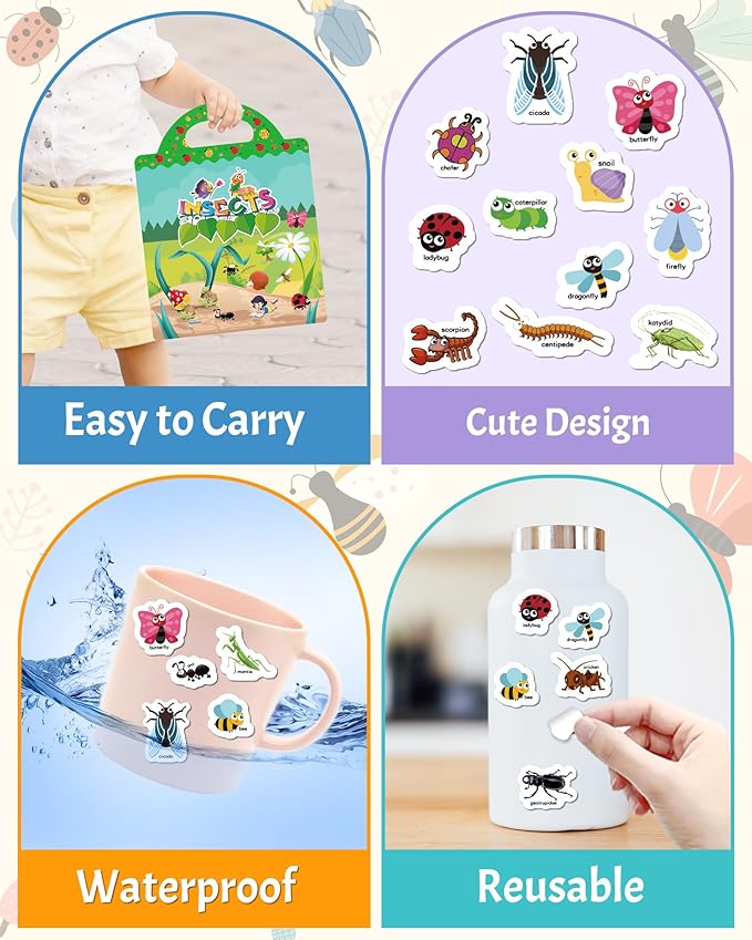 Benresive Reusable Sticker Book for Toddlers 2-4 Years, Fun Travel Stickers for Kids, Waterproof Sticker Books for Toddlers 1-3, Crafts Activities for Toddler 1-3 2-4 3-5 - Insect