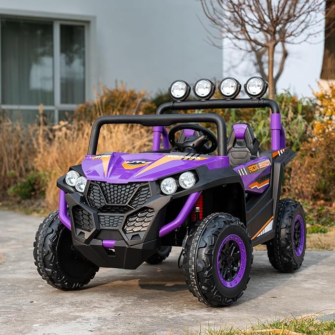 24V 2-Seater Kids Ride-On UTV, 4WD Electric Car with Parent Remote Control, 4x200W Motor, LED Headlights & Searchlights, Bluetooth Music, Spring Suspension, 3-Speed Off-Road Toy Gift, Purple