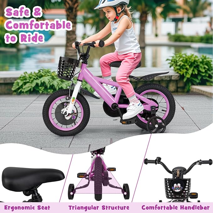 BABY JOY Rabbit Pilot Sporty Kids Bike, 12 14 16 18 Inch Child Bike for 3-8 Years Old with Adjustable Height, Training Wheels, Storage Basket, Handbrake & Coaster Brake, Kids Bicycle for Girls Boys
