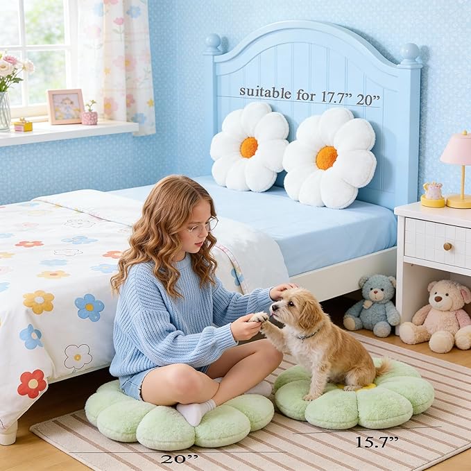 20" Pink Flower Pillow Floor Pillow Seat Cushion – Faux Rabbit Fur Plush Throw Pillow, Cozy Floor Cushion & Gift for Kids