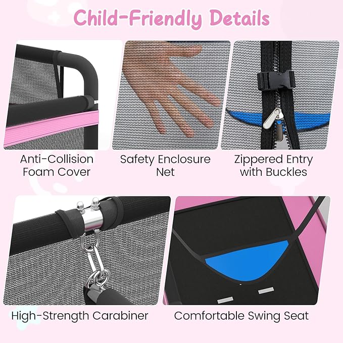Goplus 6 x 4 FT Rectangle Kids Trampoline, Indoor Outdoor Recreational Trampoline with Swing, Gymnastics Bar & Safety Enclosure Net, ASTM Compliant Gift for Children Boys Girls