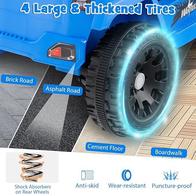 Costzon Kids Ride on Car Truck, 12V Electric Vehicle w/Foldable Mirrors, 3 Speeds, LED Lights, Music & Horn, Ride on Toys Remote Control Car for Toddlers, Boys & Girls (Blue,34" × 23" × 21")