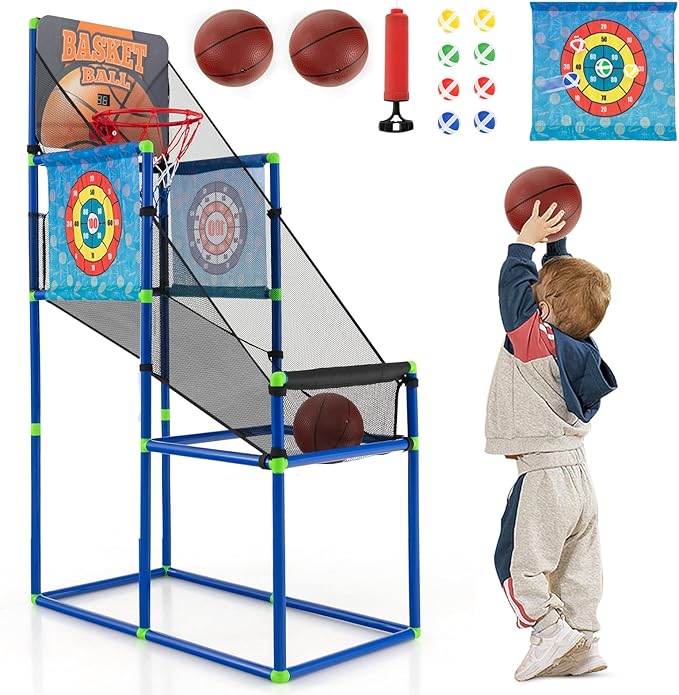 Giantex Kids Basketball Hoop Arcade Game, 2 in 1 Indoor Outdoor Arcade Basketball Game Set w/Electronic Scoreboard, Sound Effect, Ball Pump, 8 Balls, 2 Basketballs, Great Gift for Boys, Girls Ages 3+