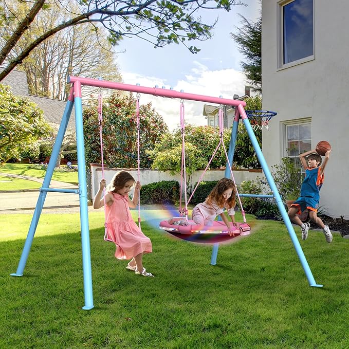 4-in-1 Swing Set 440lbs, Outdoor Swing Sets for Backyard for Kids, 1 Saucer 32", 1 Belt Swing, 1 Basketball Hoop & 1 Led Light with Heavy Duty Metal A-Frame Stand & Anchors for playset