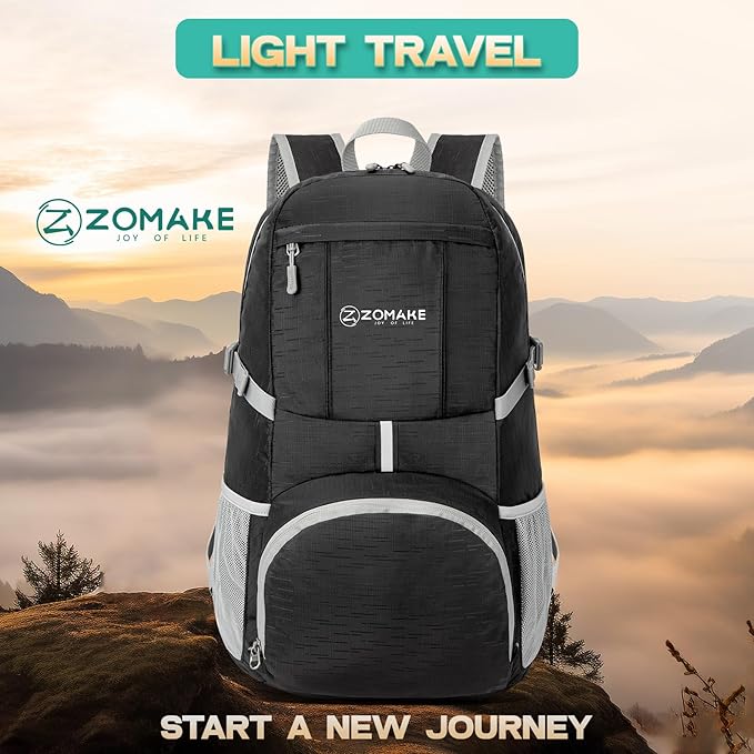 ZOMAKE Lightweight Packable Backpack 35L, Light Foldable Backpacks Water Resistant Collapsible Hiking Bag, Compact Folding Day Pack for Travel Camping(Graphite black)