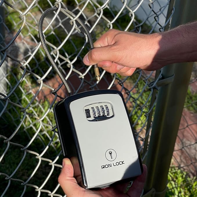 Iron Lock® XXL Portable Key Lock Box and Wall Mounted with Removable Cable Shackle Waterproof Indoor Outdoor 4 Digit Combo Resettable Code with A B Switch Extra Large Key Lockbox Outside (XXL, Grey)