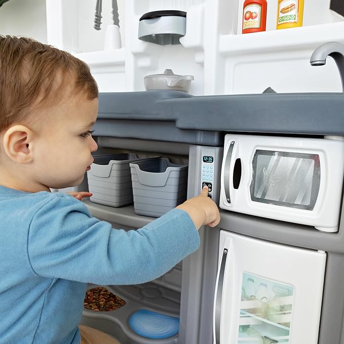 Step2 Fun with Friends Kids Kitchen Playset, Indoor/Outdoor Kitchenette, Interactive Play with Lights and Sounds, Durable Plastic, Includes 25 Piece Toy Accessories, Toddlers 2+ Years Old, Gray