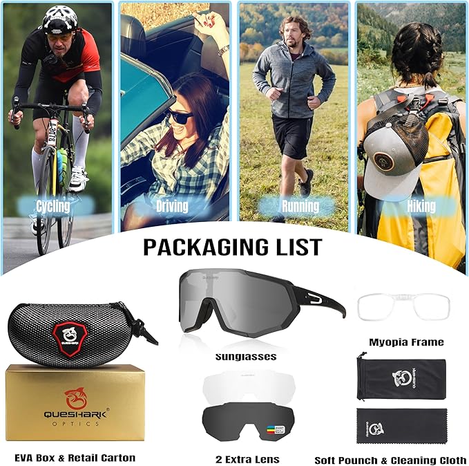 Queshark Cycling Glasses, Sports Sunglasses for Men Women, 1 Polarized 2 HD Lens, Polarized Sunglasses for Cycling Running