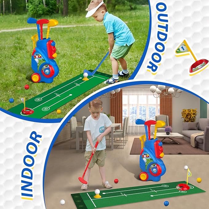 Liberry Toddler Golf Set for 2 3 4 5 Years Old Boys Girls, Upgraded Kids Golf Clubs Set with Golf Cart, Putting Mat, Outdoor Indoor Sports Toy Birthday Gift, Blue