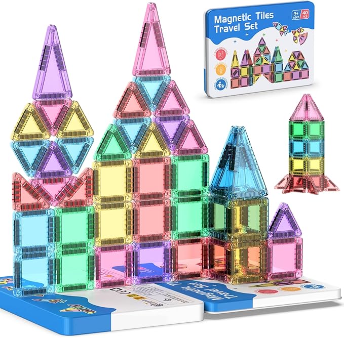 40PCS Mini Magnetic Tiles Travel Set, Portable STEM Building Blocks for Kids with Metal Storage Box, Montessori Sensory Toys for Classroom & Travel, Christmas Gift for Boys & Girls