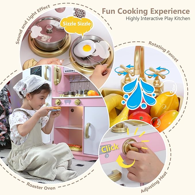 Kinder King Wooden Kids Play Kitchen, Toy Kitchen Playset for Toddler, Pretend Oven, Microwave, Telephone, Chalkboard, Interactive Doors, Knobs, Realistic Kitchen Sets for Boys Girls Age 3+, Gold