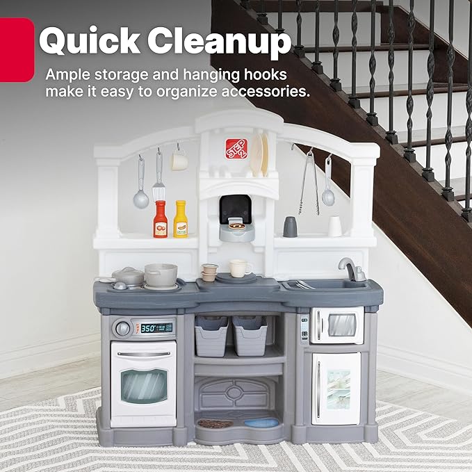 Step2 Fun with Friends Kids Kitchen Playset, Indoor/Outdoor Kitchenette, Interactive Play with Lights and Sounds, Durable Plastic, Includes 25 Piece Toy Accessories, Toddlers 2+ Years Old, Gray