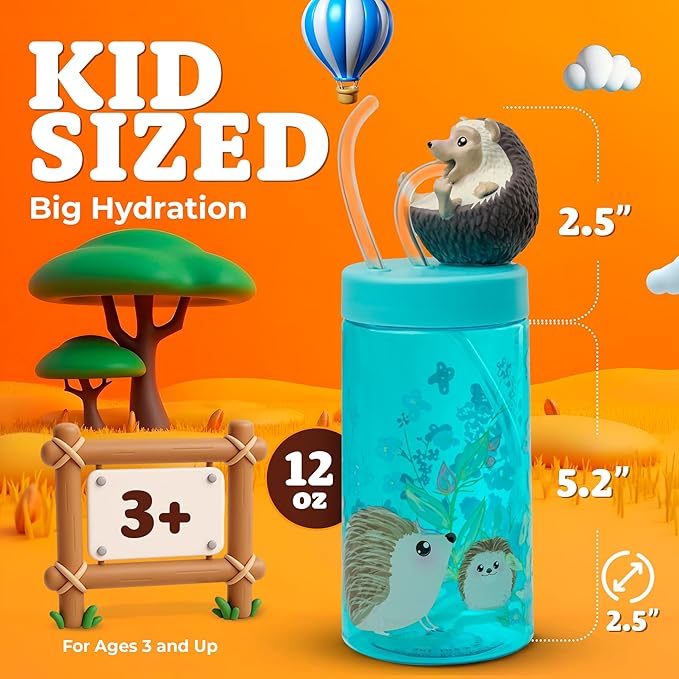 Kids Water Bottle, Toddler Cups, Tumbler with Lid and Straw, Travel Sippy Cup for Water or Milk, Kids Cups with Lids for Toddlers 3 and Up, BPA Free Plastic, 12 oz (Trend Zoo Hedgehog)