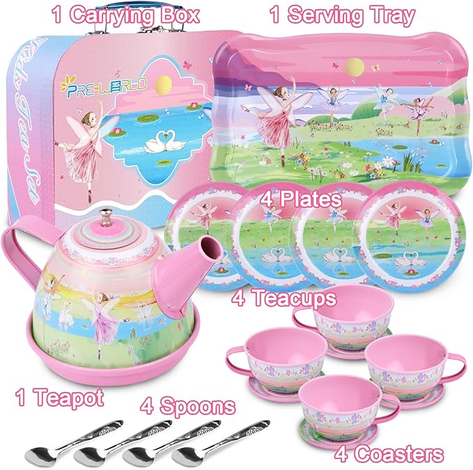 Tea Set for Little Girls,PRE-WORLD 50PCS Princess Tea Party Time Toy Including Dessert,Cookies,Doughnut,Teapot Tray Cake, Tablecloth & Carrying Case,Kids Kitchen Pretend Play for Girls Boys Age 3-6