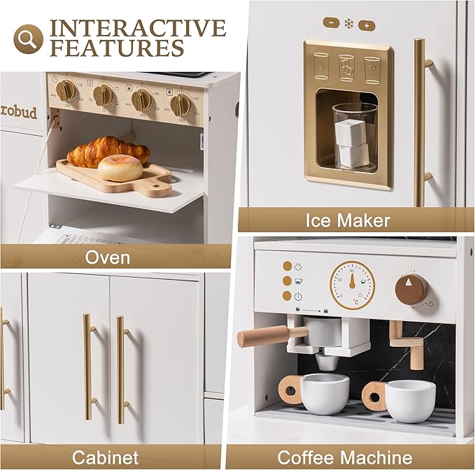ROBUD Wooden Play Kitchen Set for Kids and Toddlers with Coffee Machine, Ice Maker, Microwave, Oven, Large Cabinet, 12 Accessories, Gift for 3+, White