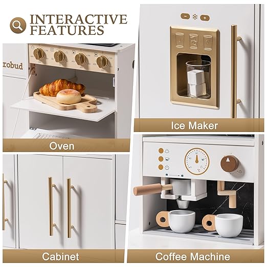 ROBOTIME Pretend Play Kitchen for Kids, Wooden Toy Kitchen with Ice Maker, Coffee Machine, Oven & Accessories – Fun Kitchen Set for Girls & Boys Age 3+