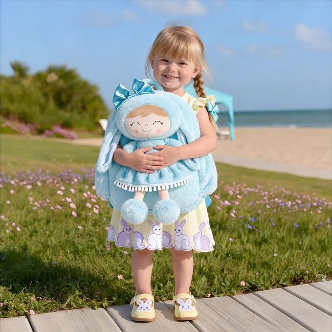 Gloveleya Back to School Gifts for Girls Toddler Backpack Kids Backpack Baby Girl Gift Plush Bag with Pure Blue Rabbit Doll Aged 2+