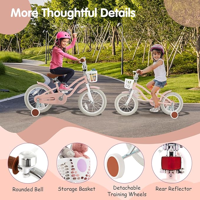 HONEY JOY Kids Bike, 12 14 16 18 20 Inch Toddler Bikes w/Training Wheels, Handbrake & Coaster Brake, Fully Enclosed Chain, Adjustable Handlebar & Seat, Kids Bicycle w/Basket, Girls Boys Bike 3-8